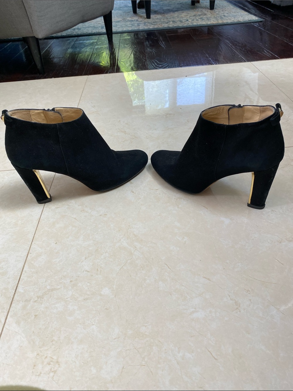 Kate Spade Netta Black and Gold Suede Ankle Boots Side Zip Size 10B
